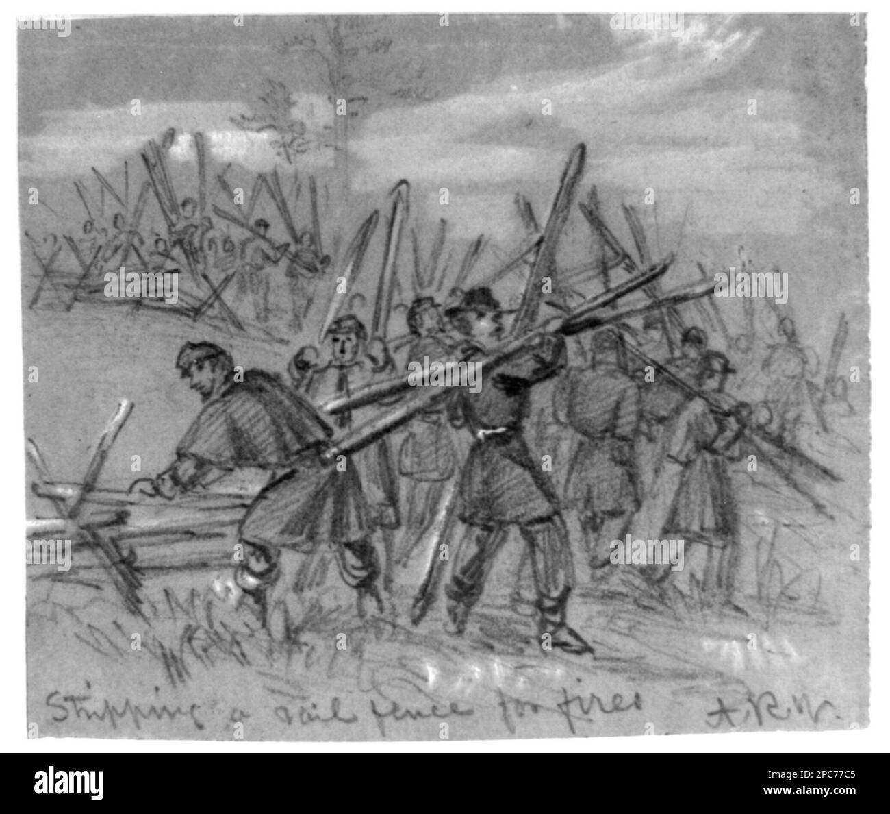 Stripping a rail fence for fires. Morgan collection of Civil War