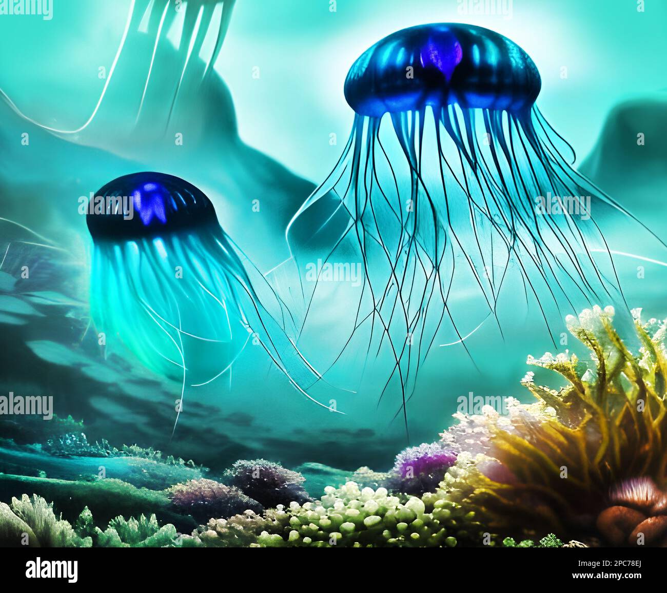 Luminescent jellyfish in ocean depiction. Stock Photo
