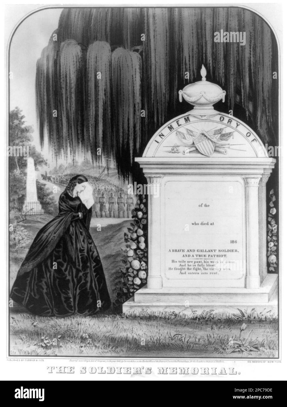 The soldier's memorial. Woman mourning at tomb of Civil War soldier
