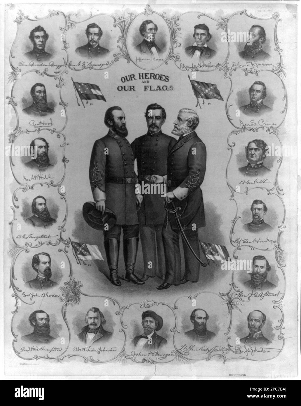 Our heroes and our flag. Title from item. Lee, Robert E, (Robert Edward), 1807-1870, Jackson, Stonewall, 1824-1863, Beauregard, G. T, (Gustave Toutant), 1818-1893, Military officers, Confederate, 1860-1870, Flags, Confederate, 1860-1870, United States, History, Civil War, 1861-1865, Military personnel, Confederate. Stock Photo