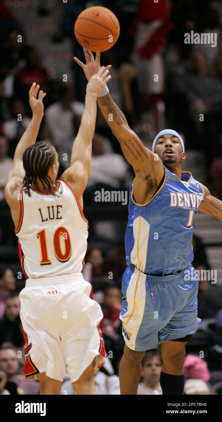 Denver Nugget guard J.R. Smith (1) defends as Atlanta Hawks guard