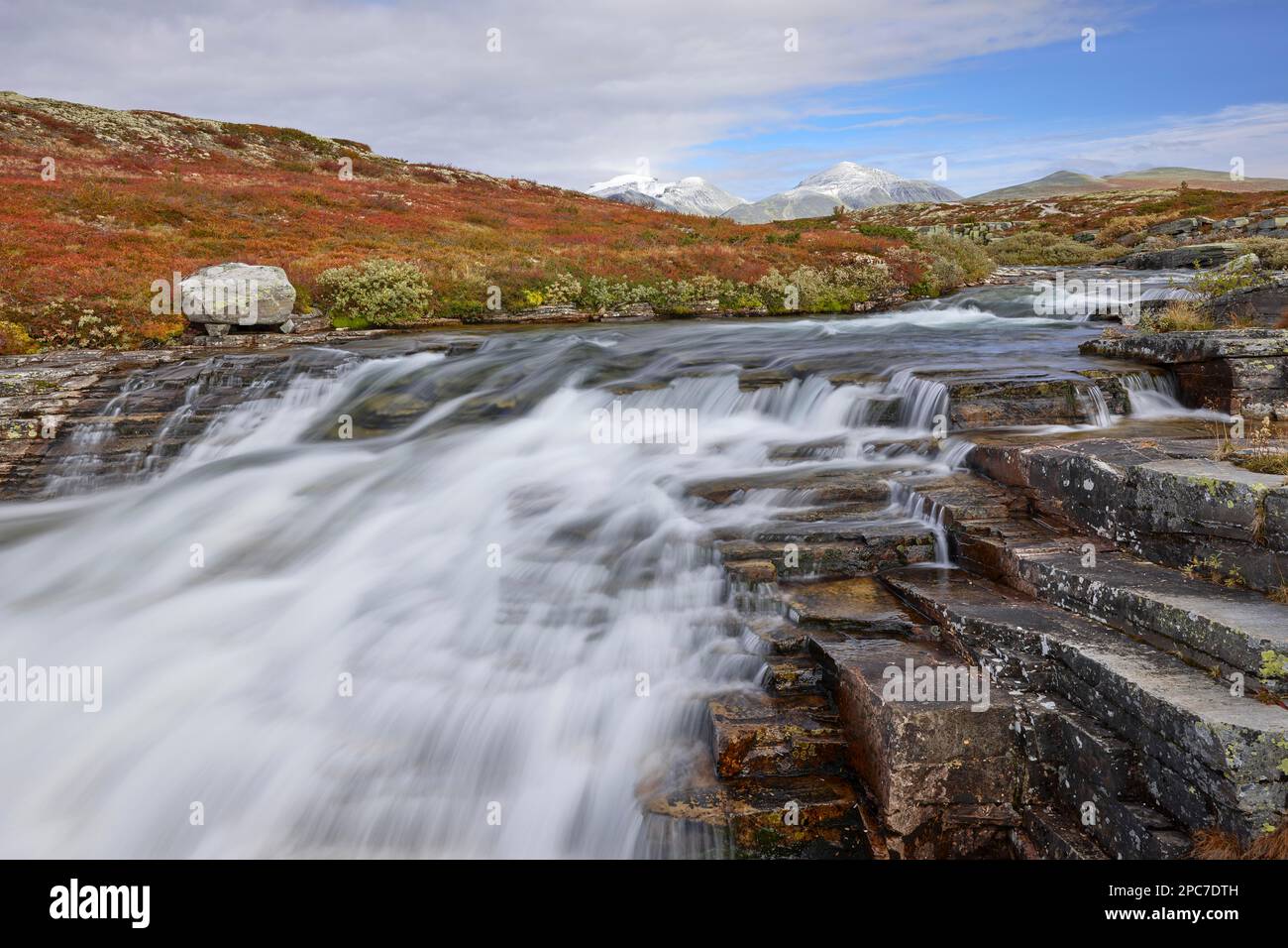Autumn landscape, fells, Store Ula river, Rondane National Park, Norway ...