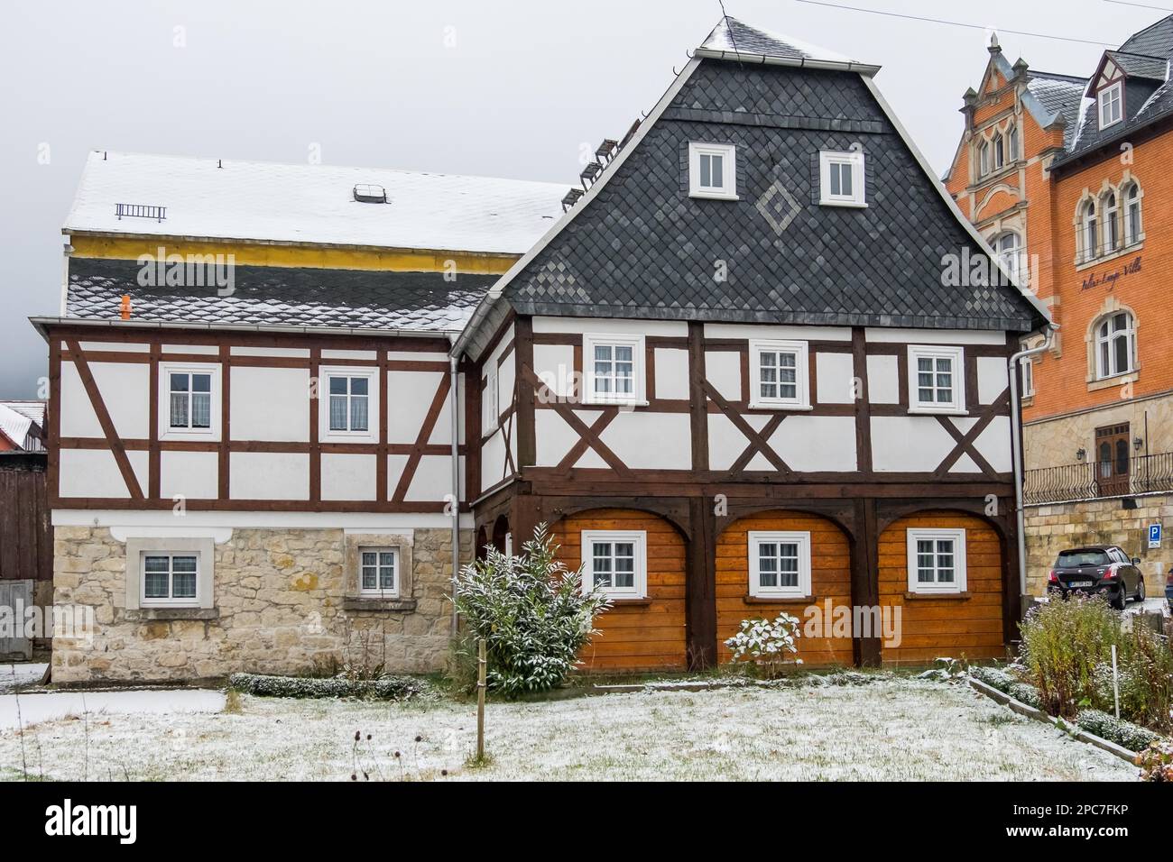 Historical halftimbered houses in Waltersdorf Zittau Mountains Stock