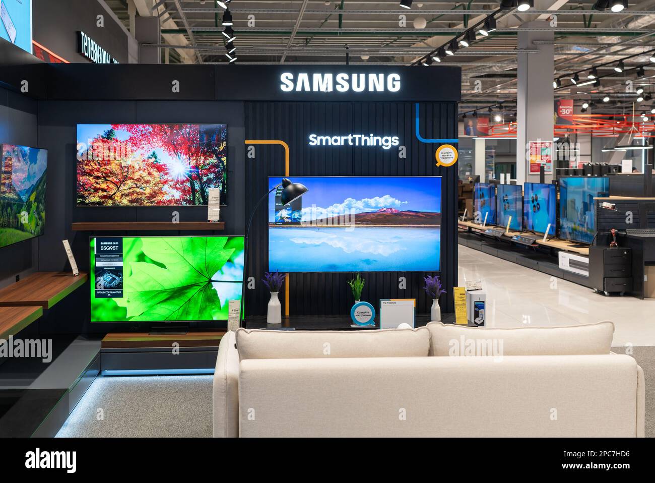 Samsung Logo And TVs Inside Electronics Store Minsk Belarus 2023 samsung-logo-and-tvs-inside-electronics-store-minsk-belarus-2023