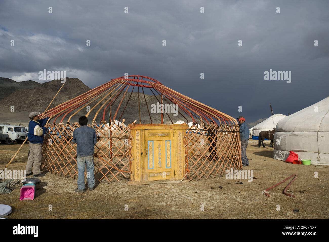 Kazakh nomads set up ger camps, in preparation for the Eagle Hunt ...