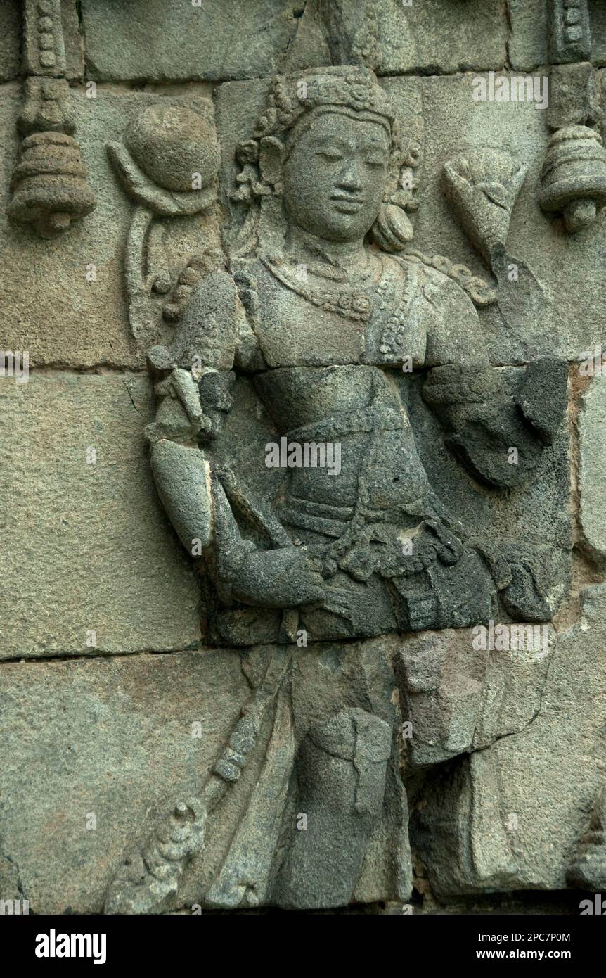 Reliefs on Buddhist temple walls, Plaosan Lor, Candi Plaosan, Prambanan District, Central Java, Indonesia Stock Photo