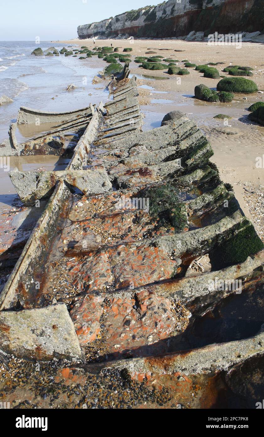 Shipwreck on beach with outgoing tide, 'The Sheraton', Hunstanton, Norfolk, England, United Kingdom Stock Photo