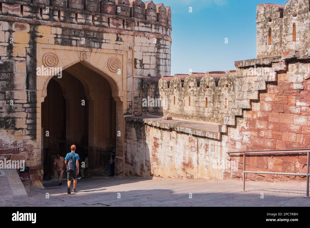 Jodhpur, Rajasthan, India - 19th October 2019 : Male foreigner tourist visiting famous Mehrangarh fort. Mehrangarh Fort is UNESCO world heritage site. Stock Photo