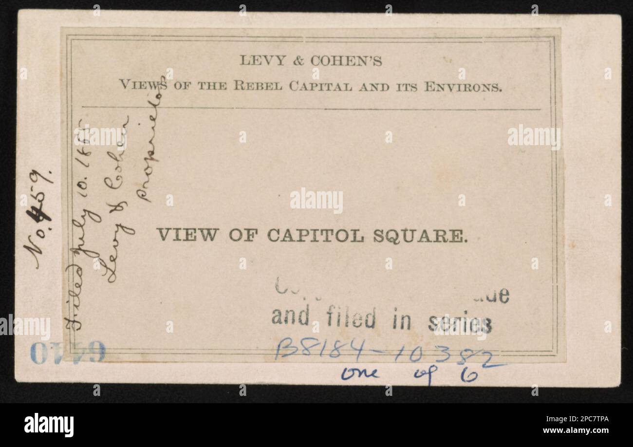 View of capitol square / Levy & Cohen.. 'Entered according to Act of Congress in the year 1865 by Levy and Cohen in the Clerk's Office, of the District Court, for the Eastern District of Pennsylvania.', 'Filed July 10, 1865, Levy & Cohen, proprietors.', Collective title: Levy & Cohen's Views of the Rebel Capital and its Environs, No. 459, Title from item, One of six views on LC-B8184-10382 (b&w film copy neg.). Parks, Virginia, Richmond, 1860-1870, Capitols, Virginia, Richmond, 1860-1870, Capitol Square (Richmond, Va.), 1860-1870. Stock Photo