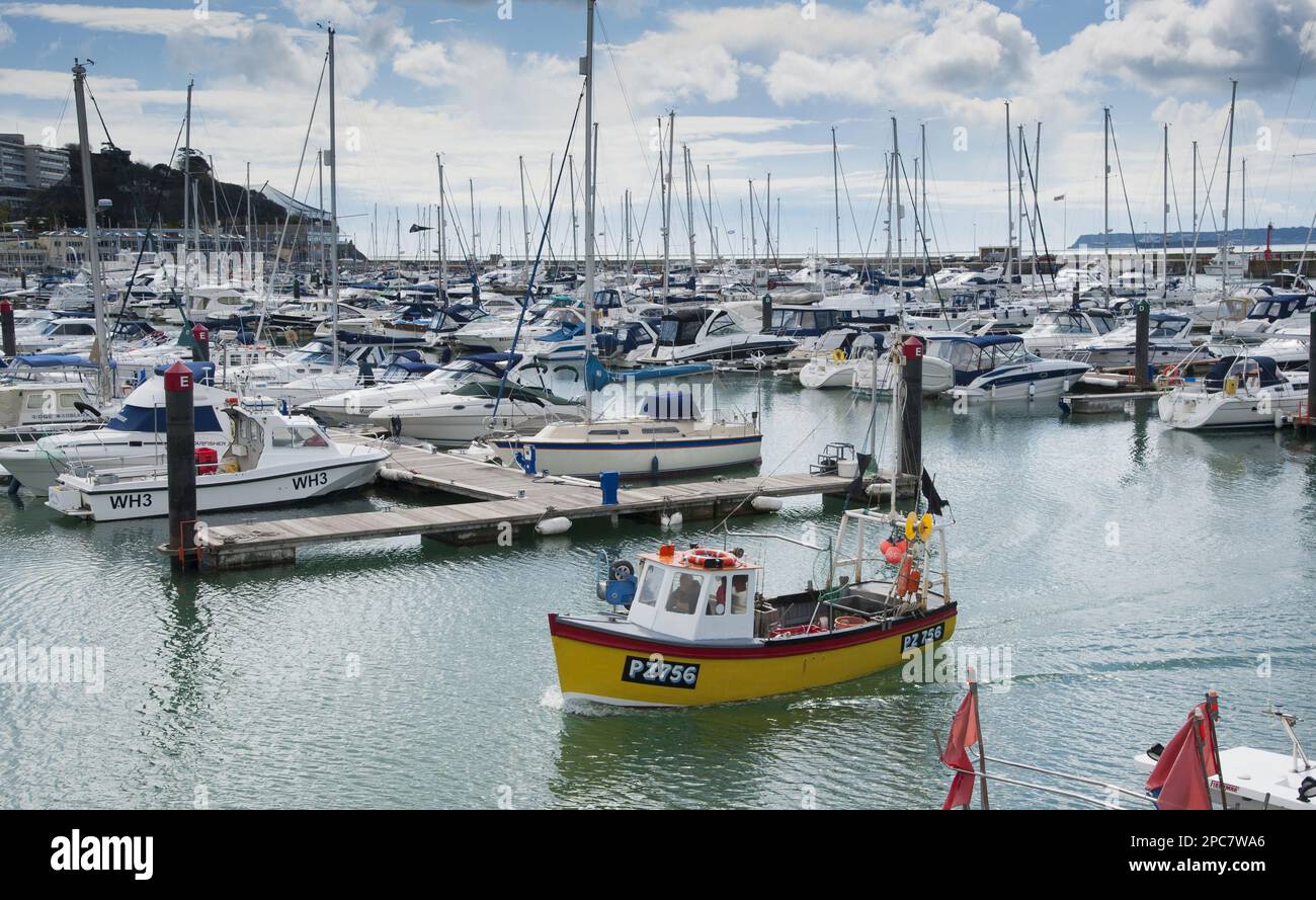 Fishing boats and yachts at floating docks in the harbour, Torquay