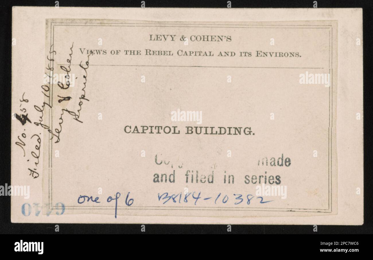Capitol building / Levy & Cohen.. 'Entered according to Act of Congress in the year 1865 by Levy and Cohen in the Clerk's Office, of the District Court, for the Eastern District of Pennsylvania.', 'Filed July 10, 1865, Levy & Cohen, proprietors.', Collective title: Levy & Cohen's Views of the Rebel Capital and its Environs, No. 458, Title from item, One of six views on LC-B8184-10382 (b&w film copy neg.). Facades, Virginia, Richmond, 1860-1870, Capitols, Virginia, Richmond, 1860-1870, Capitol Square (Richmond, Va.), 1860-1870. Stock Photo