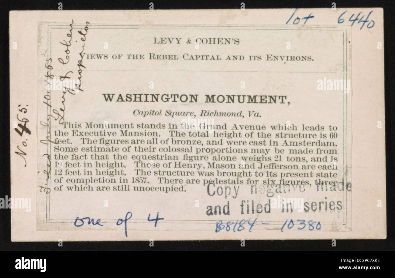 Washington Monument, Capitol Square, Richmond, Virginia / Levy & Cohen.. 'Entered according to Act of Congress in the year 1865 by Levy and Cohen in the Clerk's Office, of the District Court, for the Eastern District of Pennsylvania.', 'Filed July 10, 1865, Levy & Cohen, proprietors.', Collective title: Levy & Cohen's Views of the Rebel Capital and its Environs, No. 465, Title from item, One of four views on LC-B8184-10380 (b&w film copy neg.). Washington, George, 1732-1799, Monuments, Virginia, Richmond, Equestrian statues, Virginia, Richmond, 1860-1870, Monuments & memorials, Virginia, Richm Stock Photo