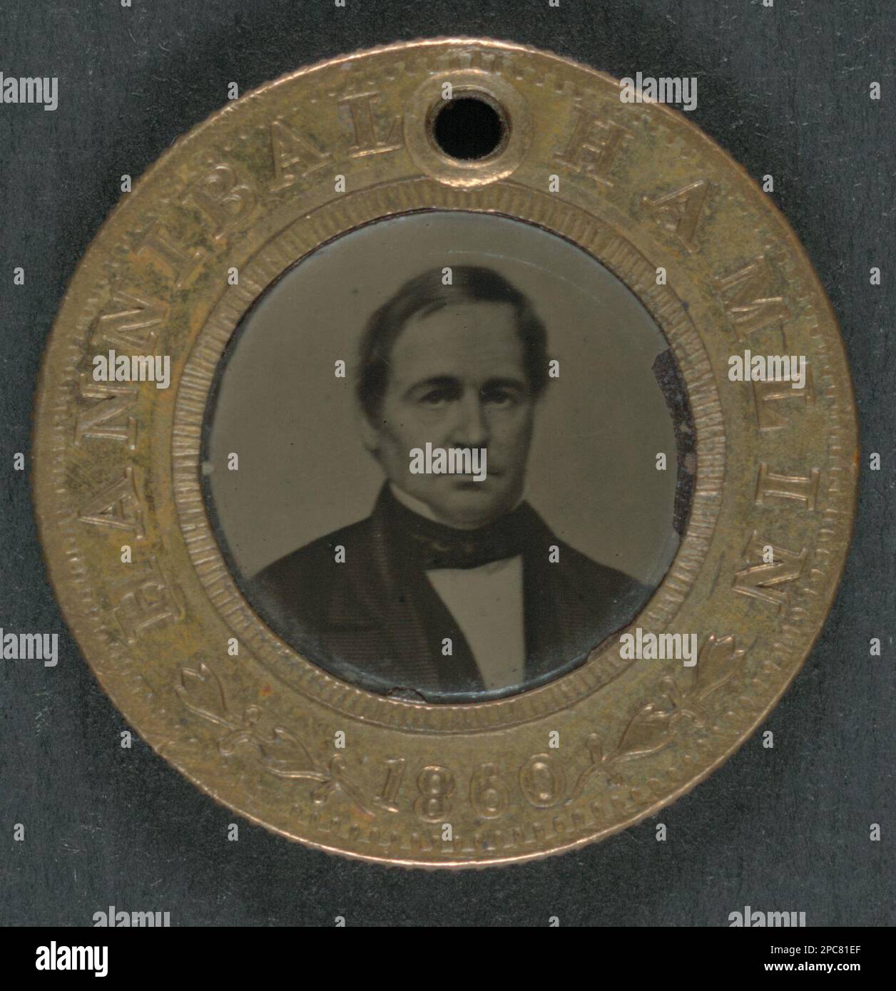 Abraham Lincoln-Hannibal Hamlin campaign button for 1860 presidential election. Liljenquist Family Collection of Civil War Photographs . Lincoln, Abraham, 1809-1865, Associated objects, Hamlin, Hannibal, 1809-1891, Associated objects, Presidential elections, 1860, Campaign insignia, 1860. Stock Photo