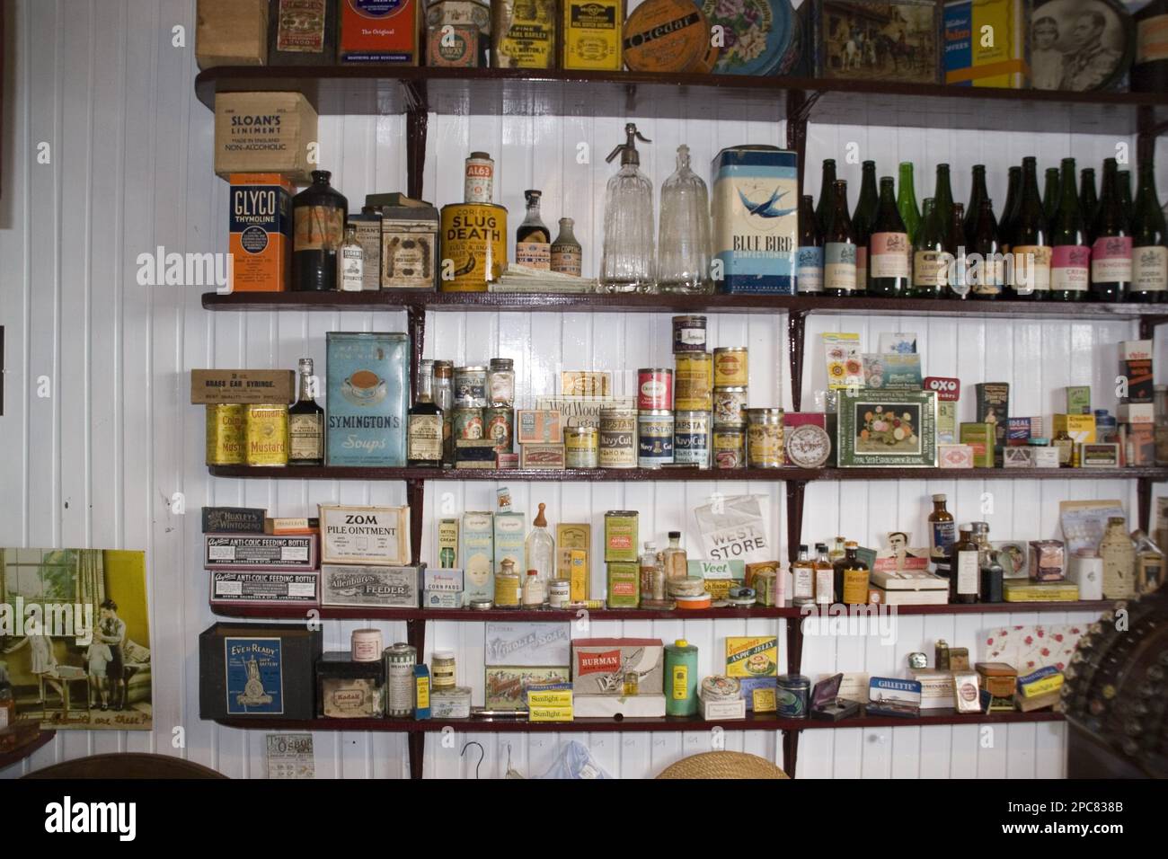 Old-fashioned shop shelves with goods for sale, Falkland Museum Stock Photo