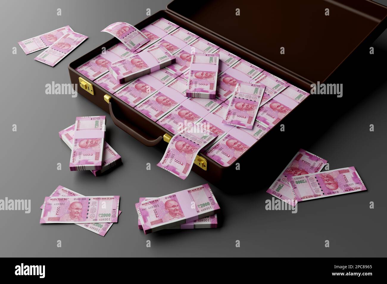 Indian Money Rupee 2000 Currency Notes in a Briefcase 3D Illustration