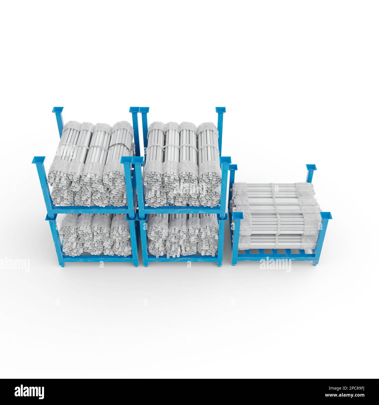 An industrial storage rack with multiple rolls of steel bars and screws