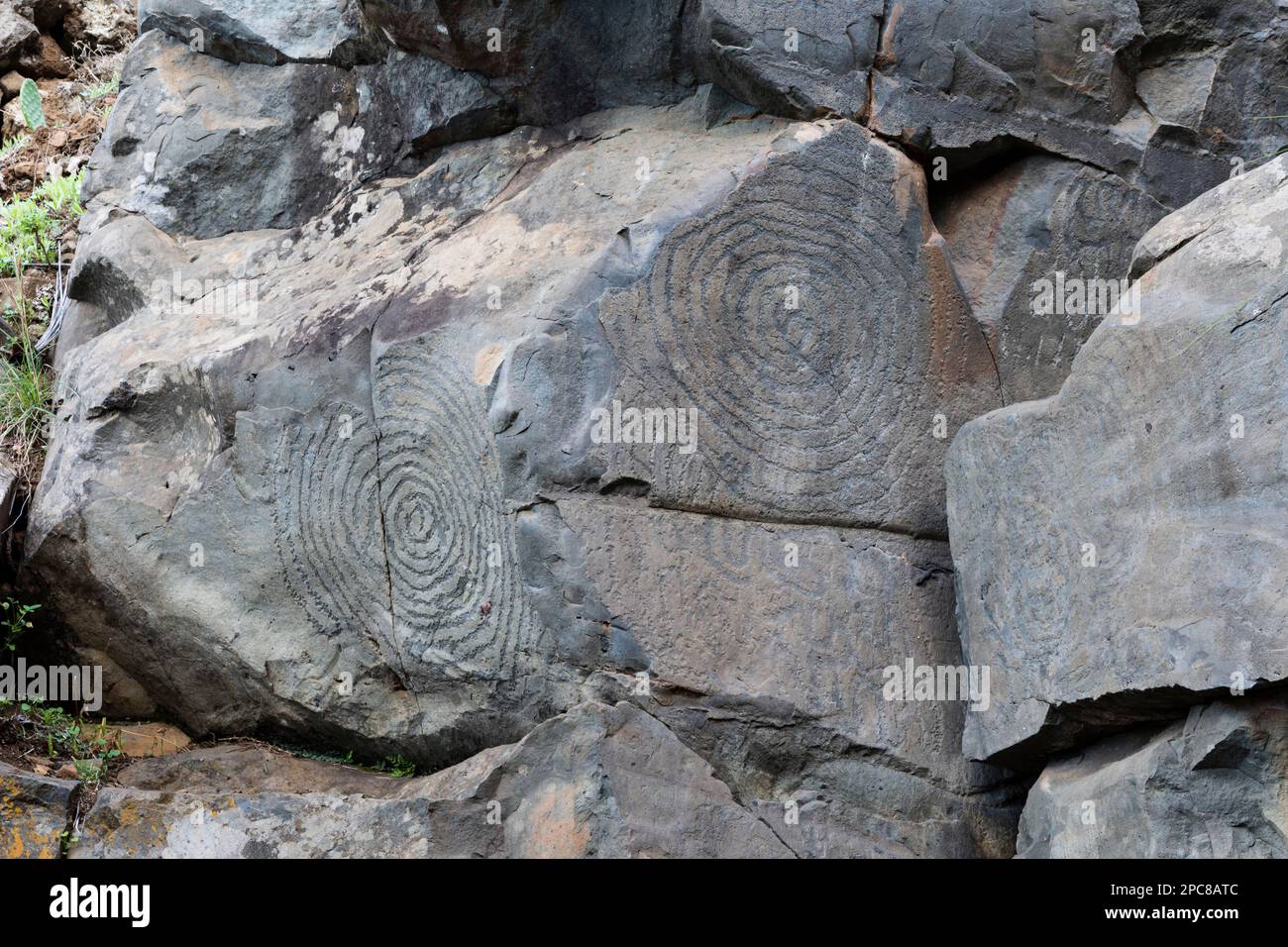Rock inscriptions, El Cementerio in the Barranco las Canales, El Paso, La Palma, Spain Stock Photo