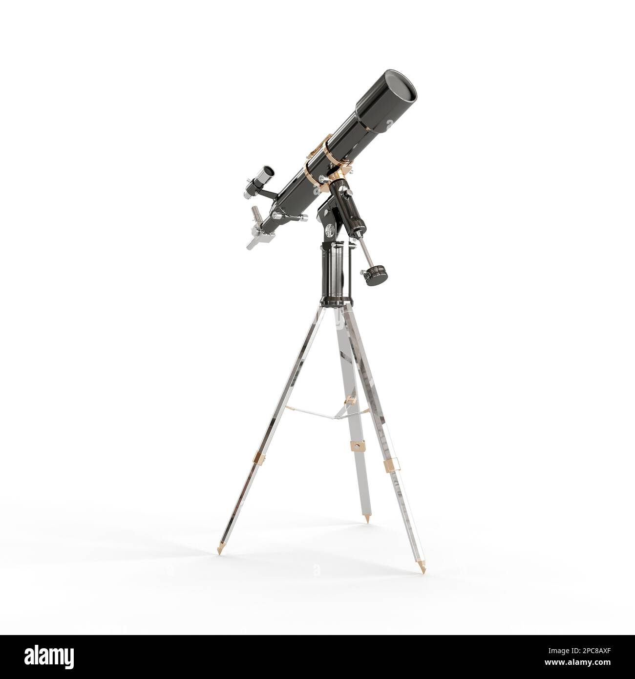 A black telescope mounted on a tripod isolated on a white background ...