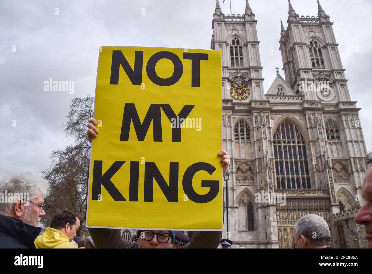 London, UK. 13th March 2023. Anti-monarchists gathered with Not My King signs outside Westminster Abbey as King Charles III and other members of the royal family arrived for the Commonwealth Day Service. Credit: Vuk Valcic/Alamy Live News Stock Photo