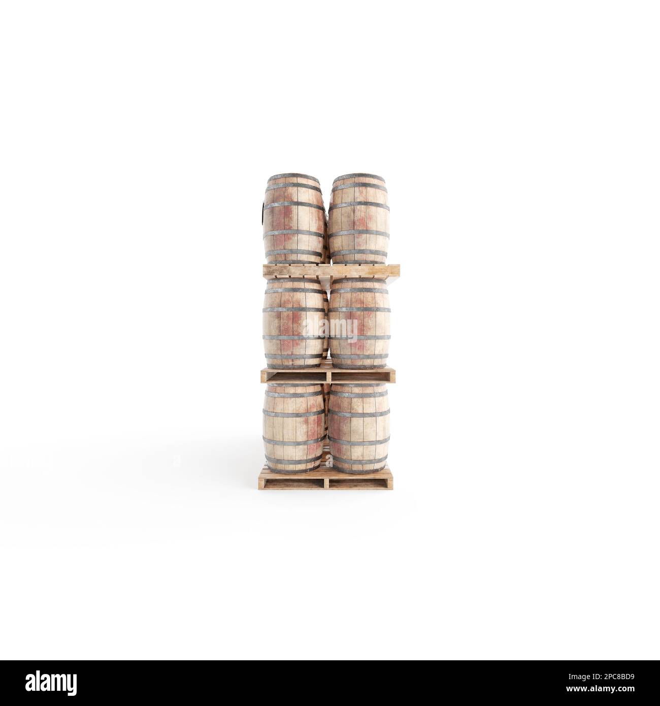 Four wooden barrels of varying sizes stacked on top of each other on a white background Stock Photo