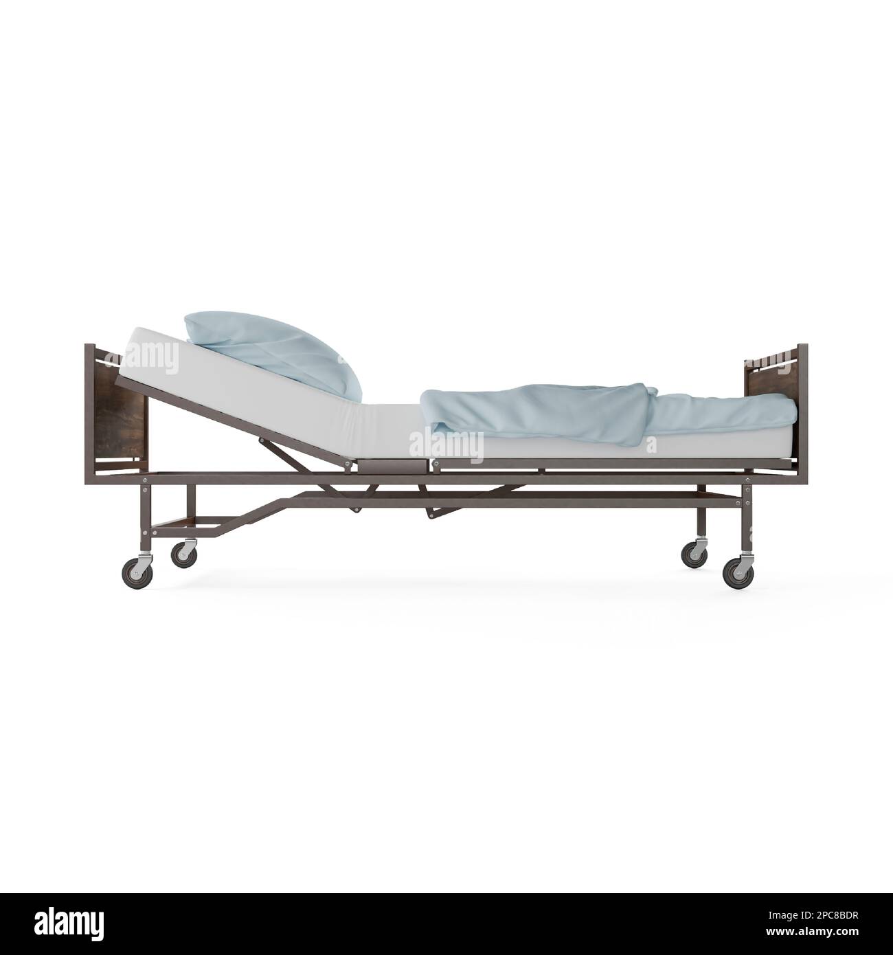 A beige hospital bed with a rolled down mattress in a modern, sterile