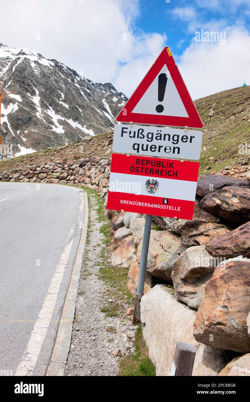 Traffic sign, pedestrians crossing, Timmelsjoch high alpine road, Tirol, Austria Stock Photo