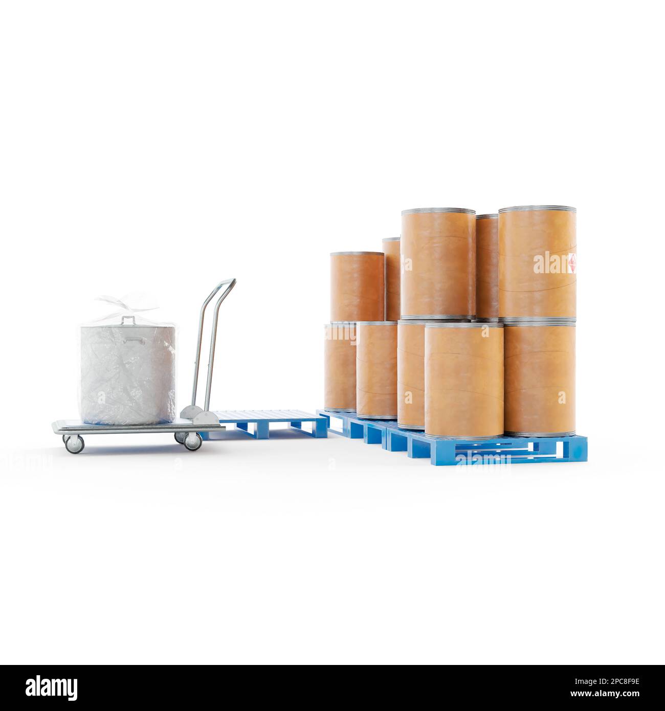 A white-painted cart with boxes stacked on top of it stands in a row of large, white barrels of milk Stock Photo