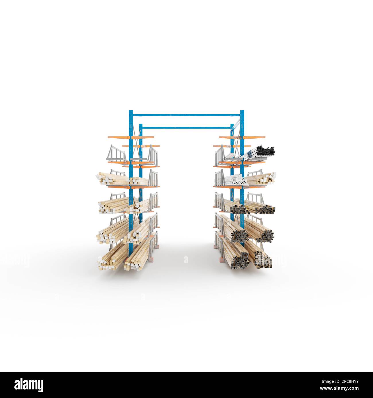 A modern industrial shelving unit with a variety of shelves and