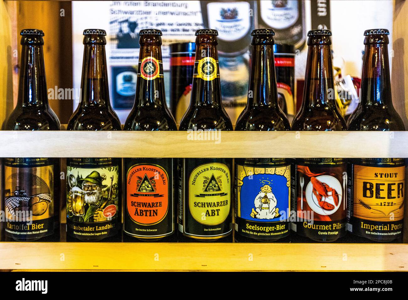 Section of the beer assortment of Kosterbrauerei Neuzelle. The best-selling product is Schwarzer Abt (Black Abbot), a bottom-fermented beer to which invert sugar syrup is added after filtration for taste reasons. Brewery in Germany Stock Photo