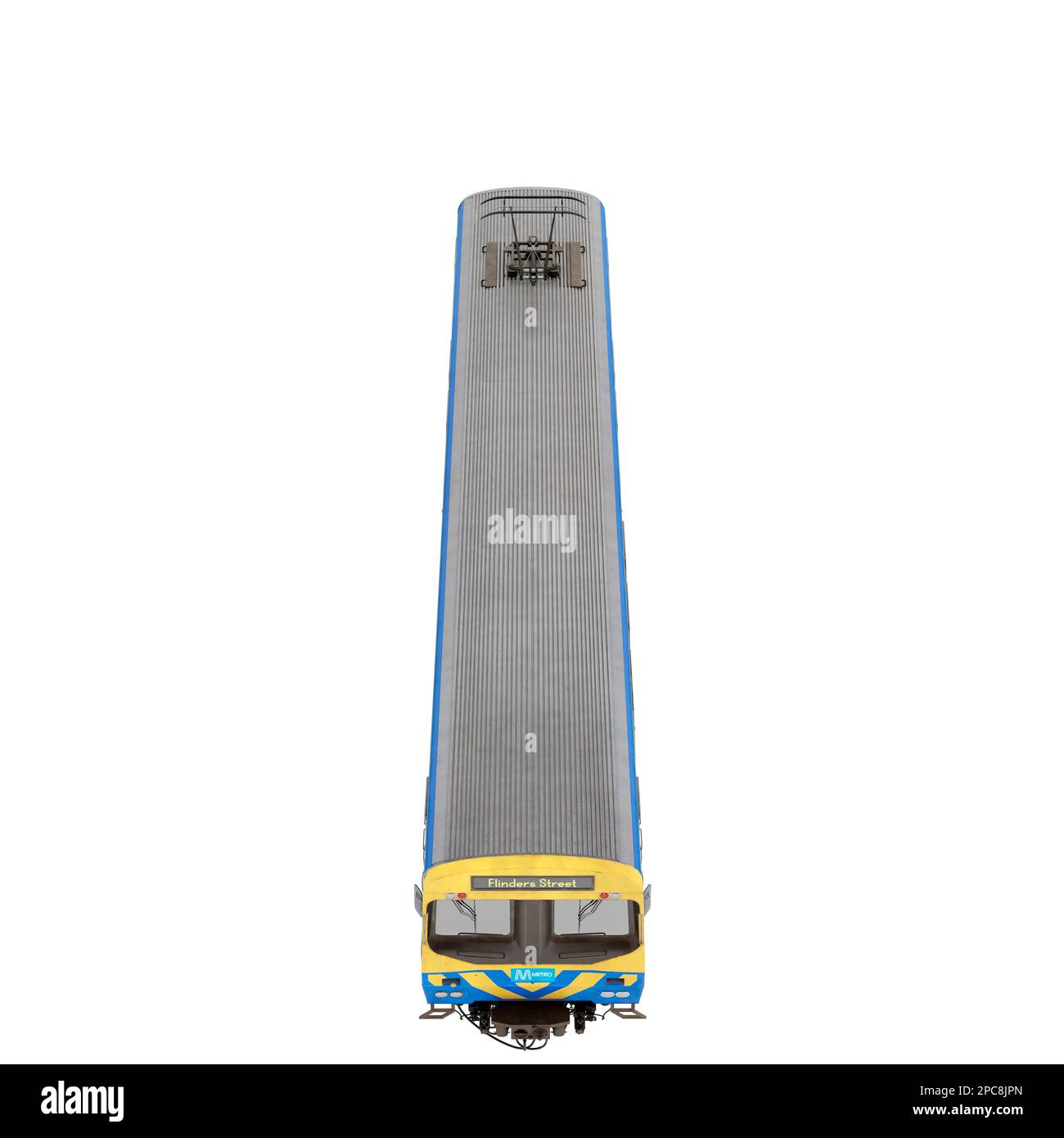 A bottom view of a blue and yellow skateboard, showing the intricate design and construction of the board Stock Photo