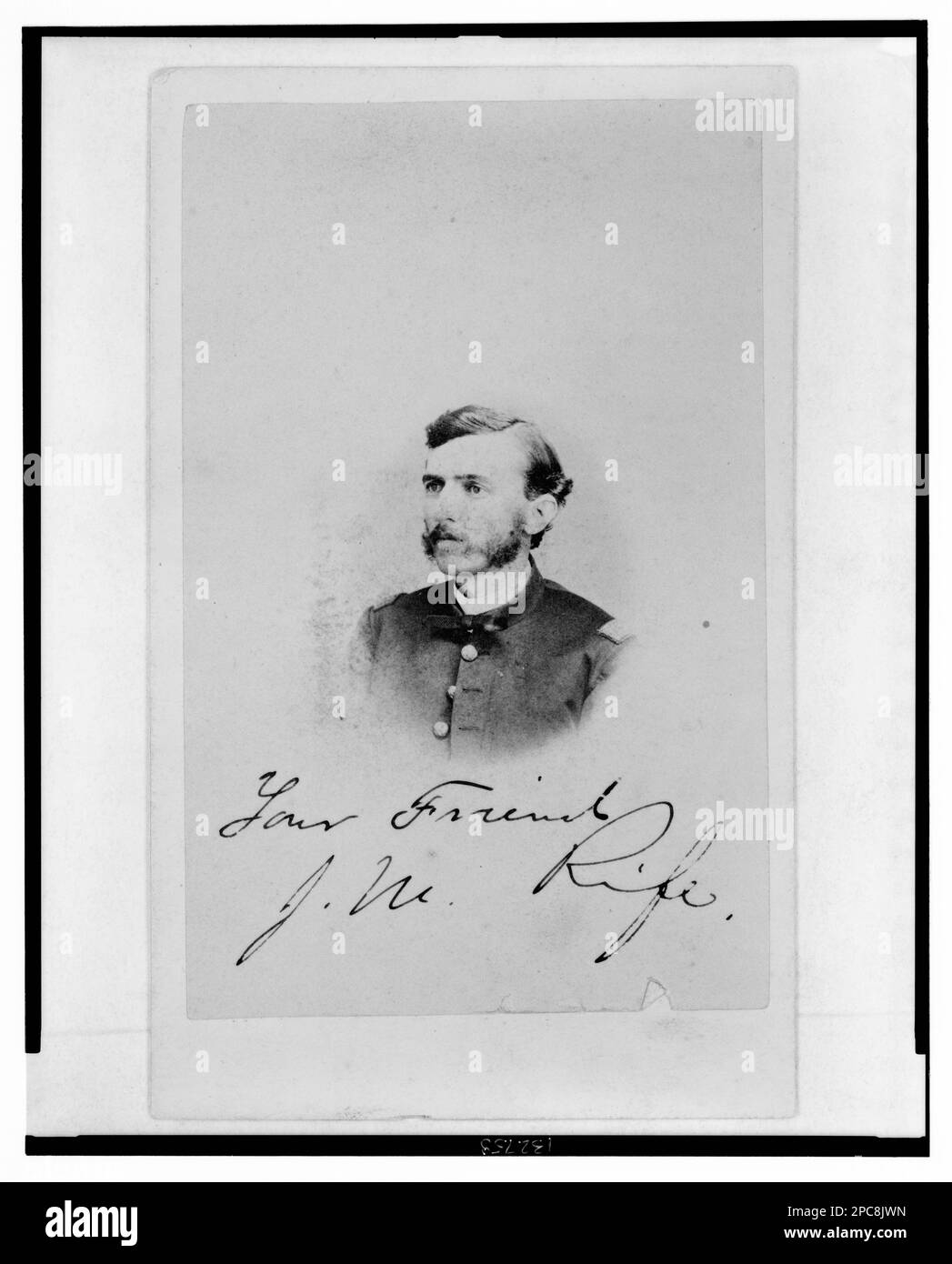 Jacob M. Rife, Captain, 7th West Virginia Cavalry, head-and-shoulders portrait, wearing uniform, facing left. Title devised by Library staff, Inscribed: Your friend, J.M. Rife. Rife, Jacob M, Military service, United States, History, Civil War, 1861-1865, Military officers, Union. Stock Photo