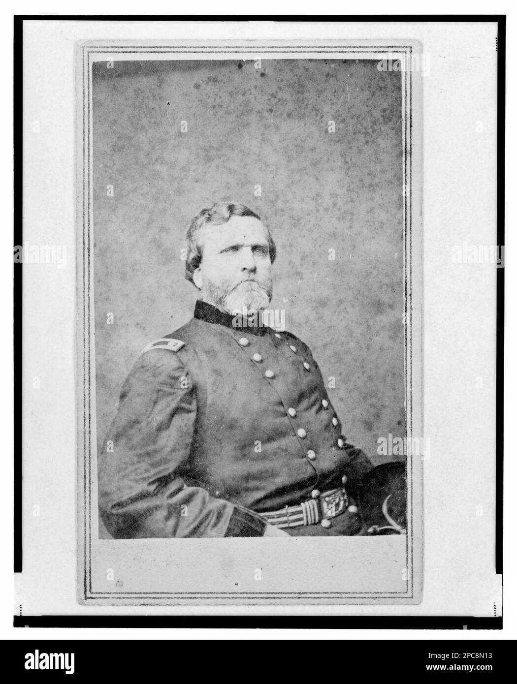 Major General George Henry Thomas, Union officer, half-length portrait, facing front / published by E. & H.T. Anthony, New York.. Title devised by Library staff, In: Adolph Metzner photograph album ., no. 3, Two cent stamp on verso, Color laser copy reference surrogate, showing front and back of photo, filed with finding aids for LOT 8751 in P&P Reading Room. Thomas, George H, (George Henry), 1816-1870, Military service, United States, History, Civil War, 1861-1865, Military officers, Union. Stock Photo