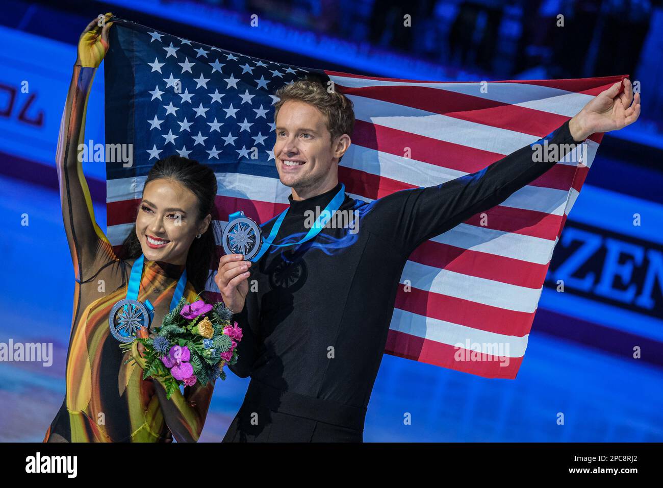 Madison Chock and Evan Bates of USA (Silver) pose with their medals in