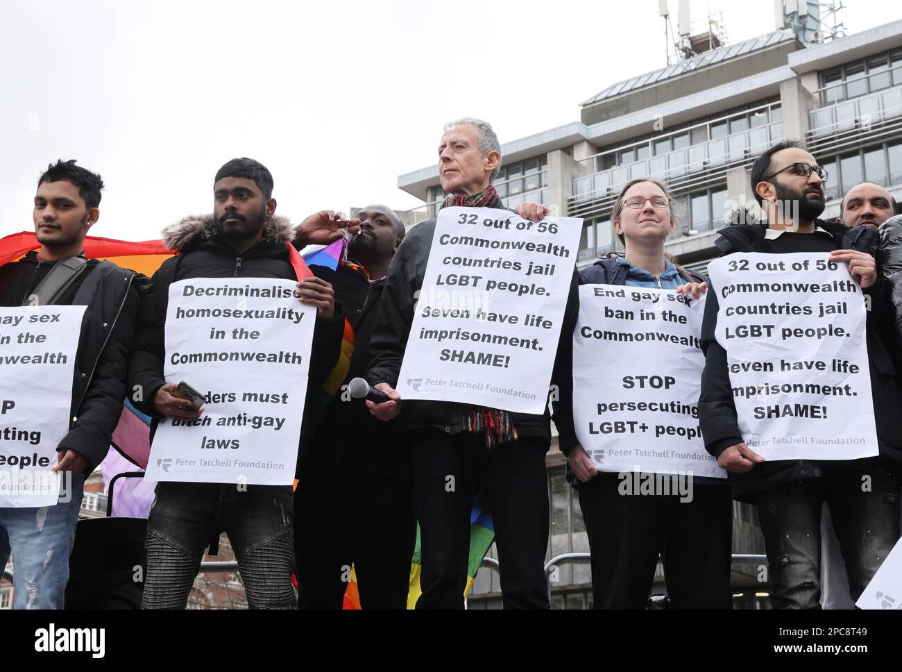 London, UK, 13th March 2023. Peter Tatchell led a protest outside Westminster Abbey during the Commonwealth Service with dignatories attending. 32 out of 56 Commonwealth countries jail LGBT people and 7 have life imprisonment. Credit : Monica Wells/Alamy Live News Stock Photo