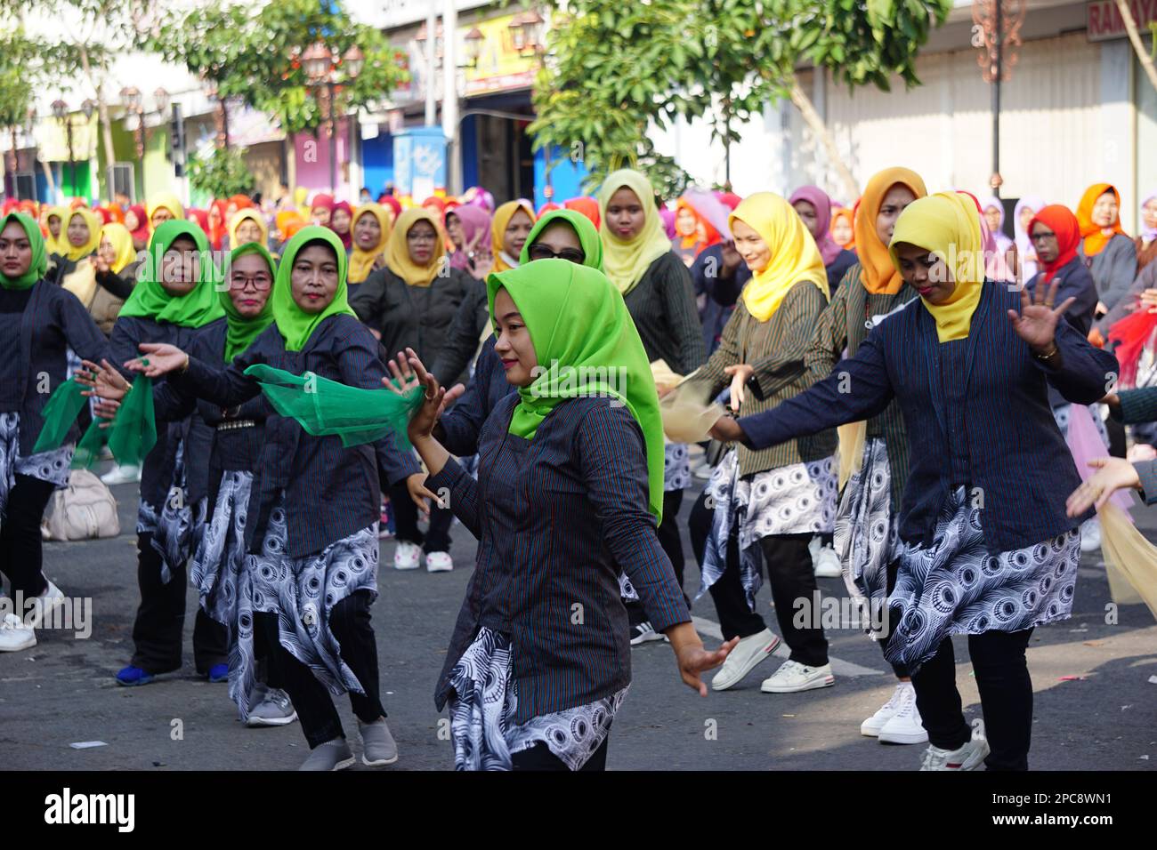 Indonesian do flash mob traditional dance to celebrate national education day Stock Photo