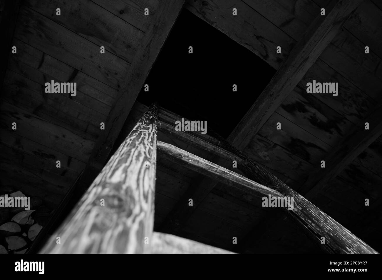 Wooden ladder in a shed leading to a dark attic with shadows. Stock Photo