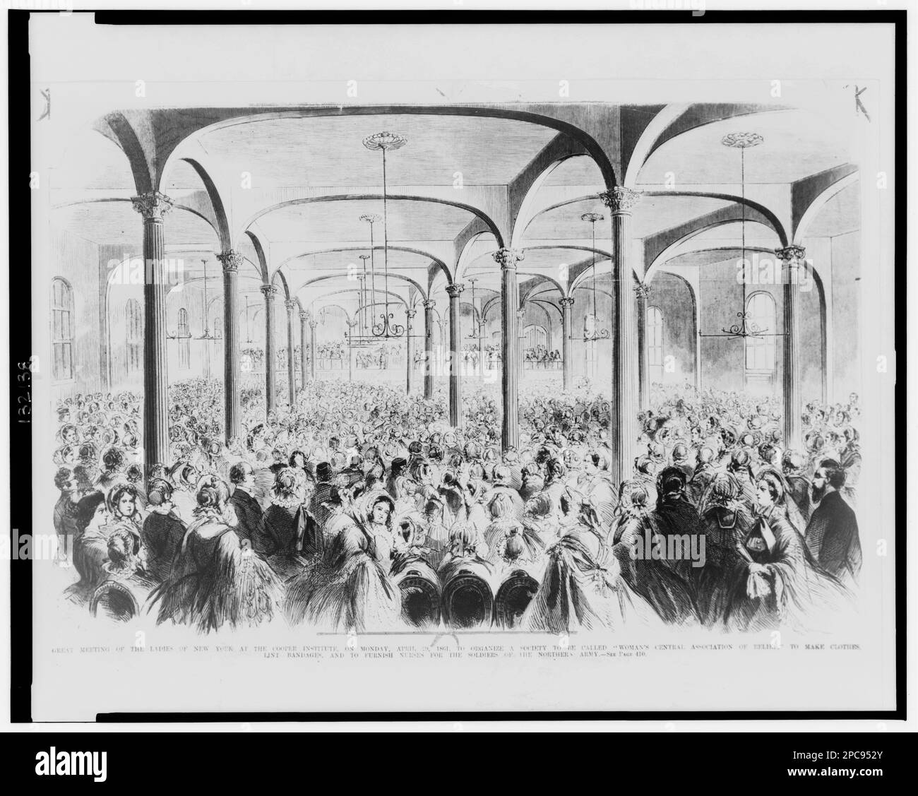 Great meeting of the ladies of New York at the Cooper Institute, on Monday, April 29, 1861, to organize a society to be called 'Women's Central Association of Relief,' to make clothes, lint bandages, and to furnish nurses for the soldiers of the Northern Army. New York World-Telegram and the Sun Newspaper Photograph Collection . Woman's Central Association of Relief, Meetings, 1860-1870, Cooper Institute (New York, N.Y.), Buildings, 1860-1870, Women, Organizations, New York (State), New York, 1860-1870, Crowds, New York (State), New York, 1860-1870, Meetings, New York (State), New York, 1860-1 Stock Photo