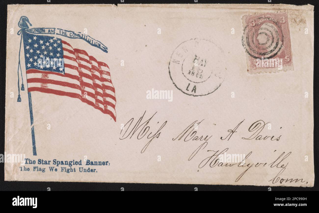 Civil War envelope showing American flag with message 'The star spangled banner, the flag we fight under'. Title devised by Library staff, Addressed to Miss Mary A. Davis, Hawleyville, Conn.; bears 3 cent stamp; postmarked in New Orleans, Louisiana, May 1862, Gift; Tom Liljenquist; 2012; (DLC/PP-2012:127), pp/liljmem. Flags, American, 1860-1870, United States, History, Civil War, 1861-1865, Social aspects. Stock Photo