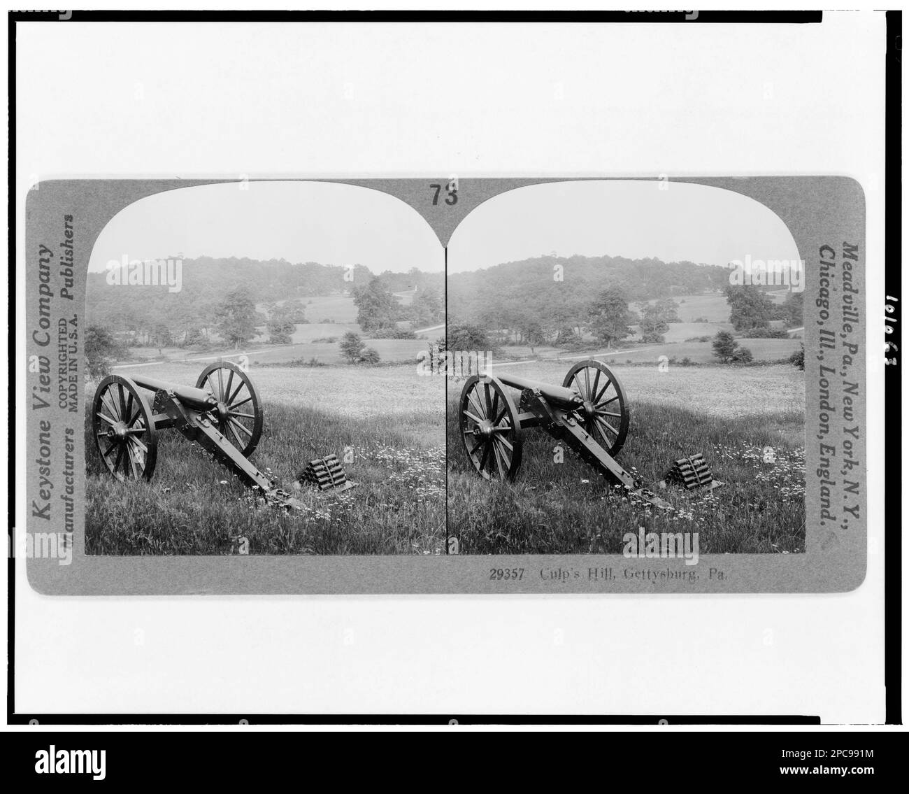 Culp's Hill, Gettysburg, Pa.. No renewal in Copyright office. J293435 U.S. Copyright Office, No. 29357. Cannons, Pennsylvania, Gettysburg, 1920-1930, United States, History, Civil War, 1861-1865, Battlefields. Stock Photo
