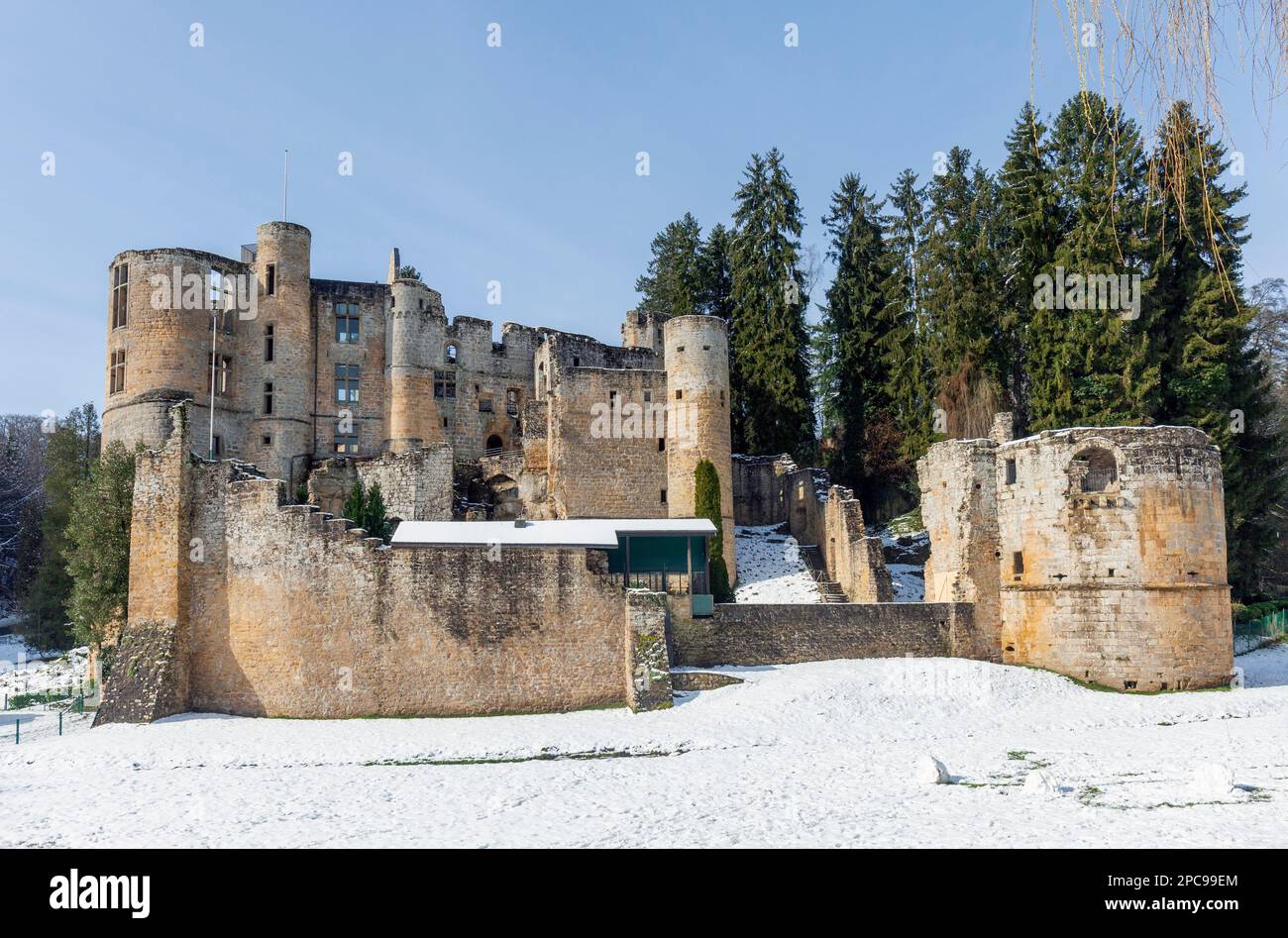 Europe, Luxembourg, Grevenmacher, Beaufort Castle (Chateau de Beaufort) in the Wintertime Stock Photo