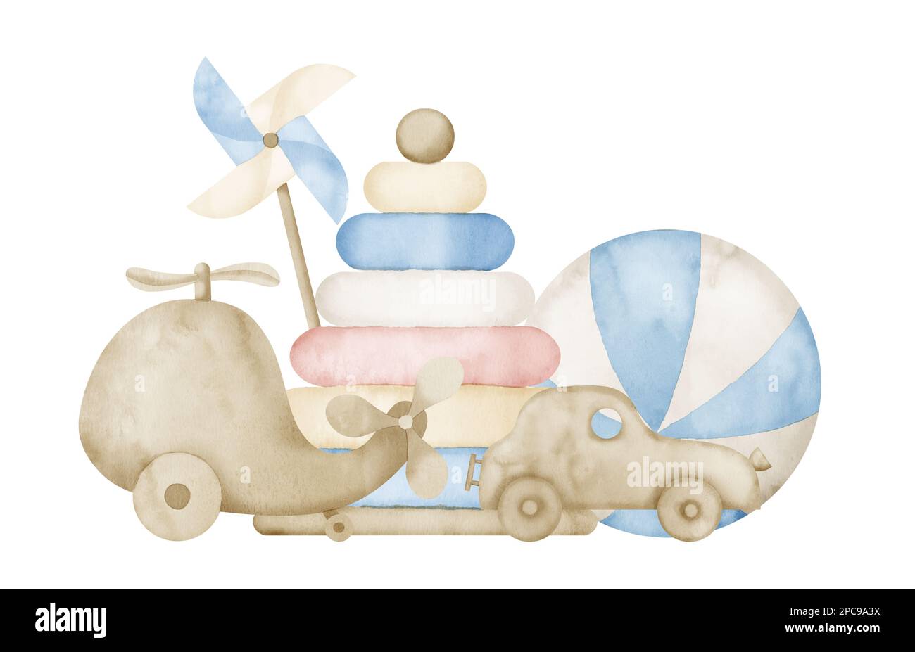 Watercolor illustration with Baby Toys in pastel blue and beige colors. Hand drawn drawing on isolated background for Kid shower party. Colorful horizontal composition with vintage pyramid and car. Stock Photo