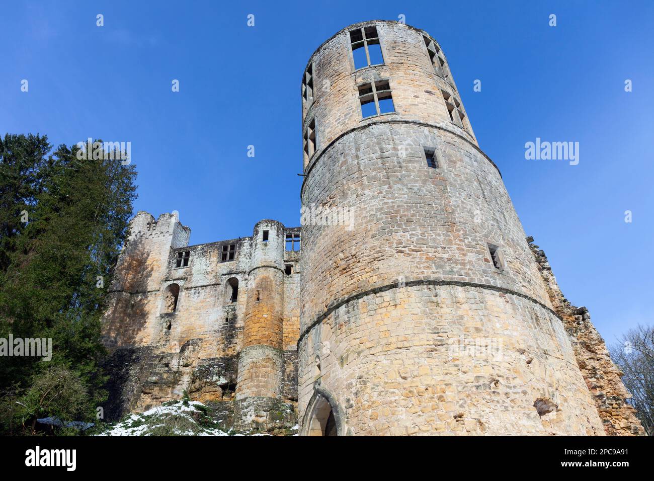 Europe, Luxembourg, Grevenmacher, Beaufort Castle in the Wintertime showing Renaissance Tower built above Medieval Walls Stock Photo
