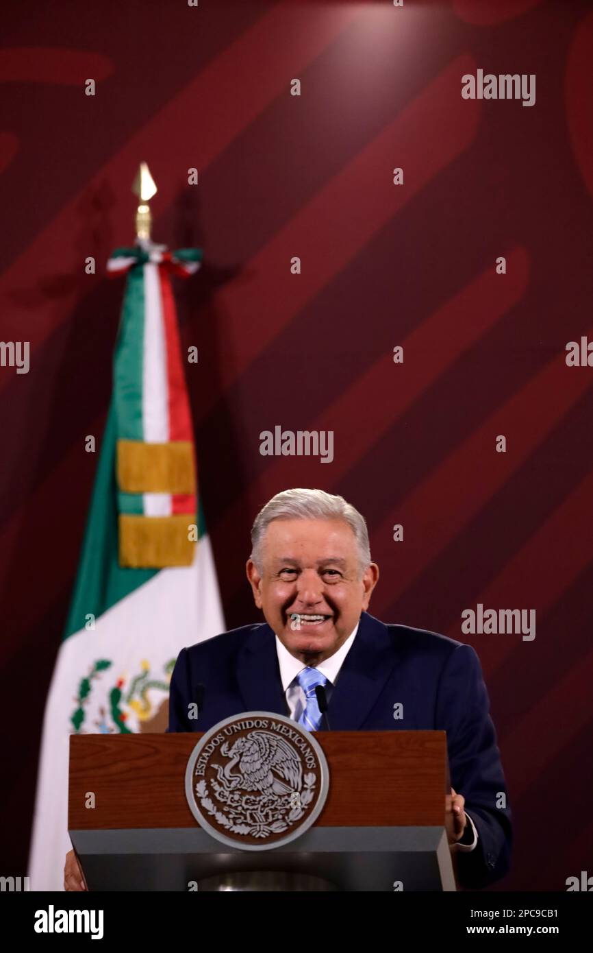 Mexico City, Mexico. 13th Mar, 2023. The President of Mexico, Andres Manuel Lopez Obrador during the press conference before reporters at the National Palace in Mexico City. on March 13, 2023 in Mexico City, Mexico (Credit Image: © Luis Barron/eyepix via ZUMA Press Wire) EDITORIAL USAGE ONLY! Not for Commercial USAGE! Credit: ZUMA Press, Inc./Alamy Live News Stock Photo