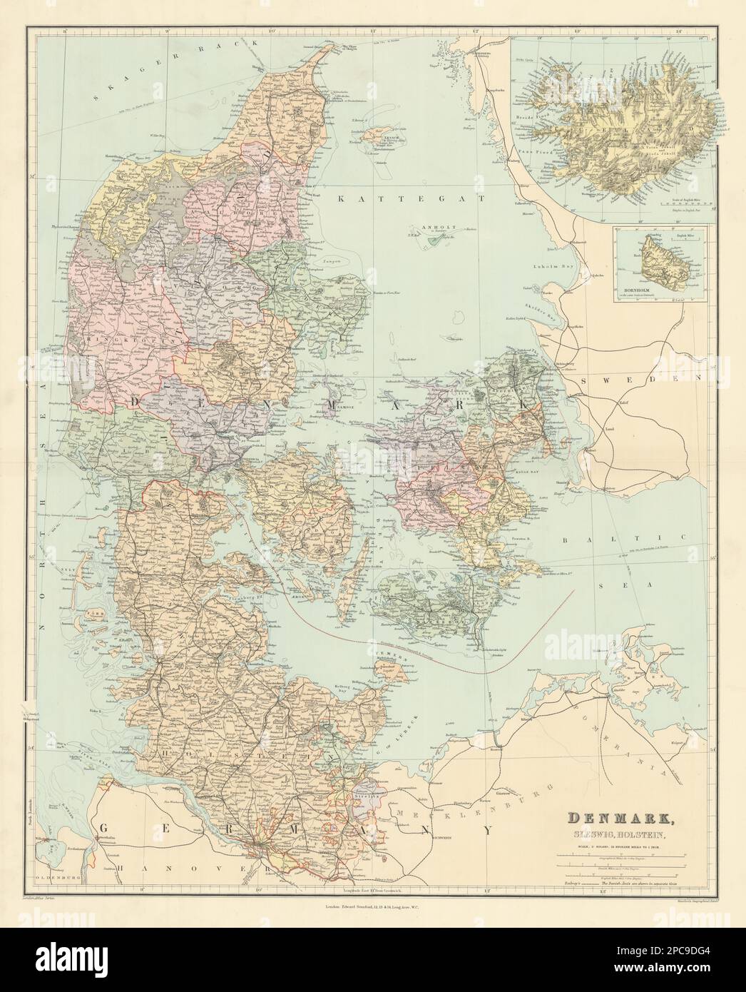 Denmark, Schleswig & Holstein. Iceland Bornholm. Large 66x52cm STANFORD 1904 map Stock Photo