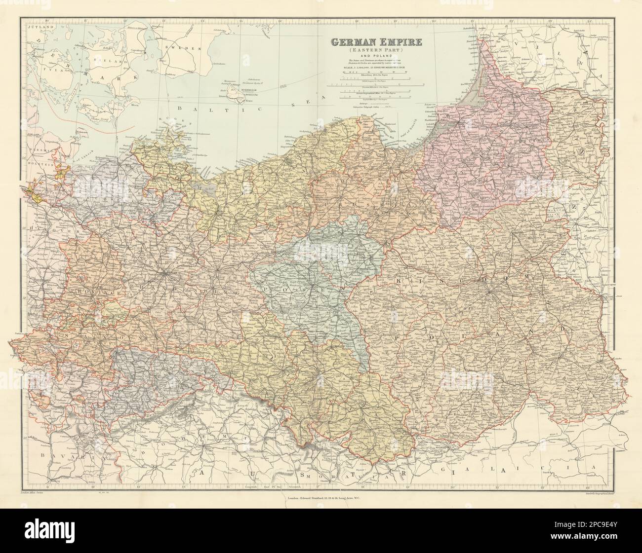 German Empire (eastern part) and Poland. Large 66x52cm. STANFORD 1904 old map Stock Photo