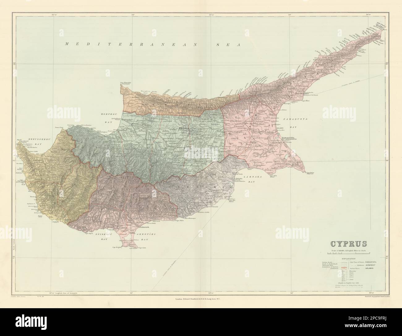 Cyprus. Districts. Ancient sites. Large 51x66cm. STANFORD 1904 old antique map Stock Photo