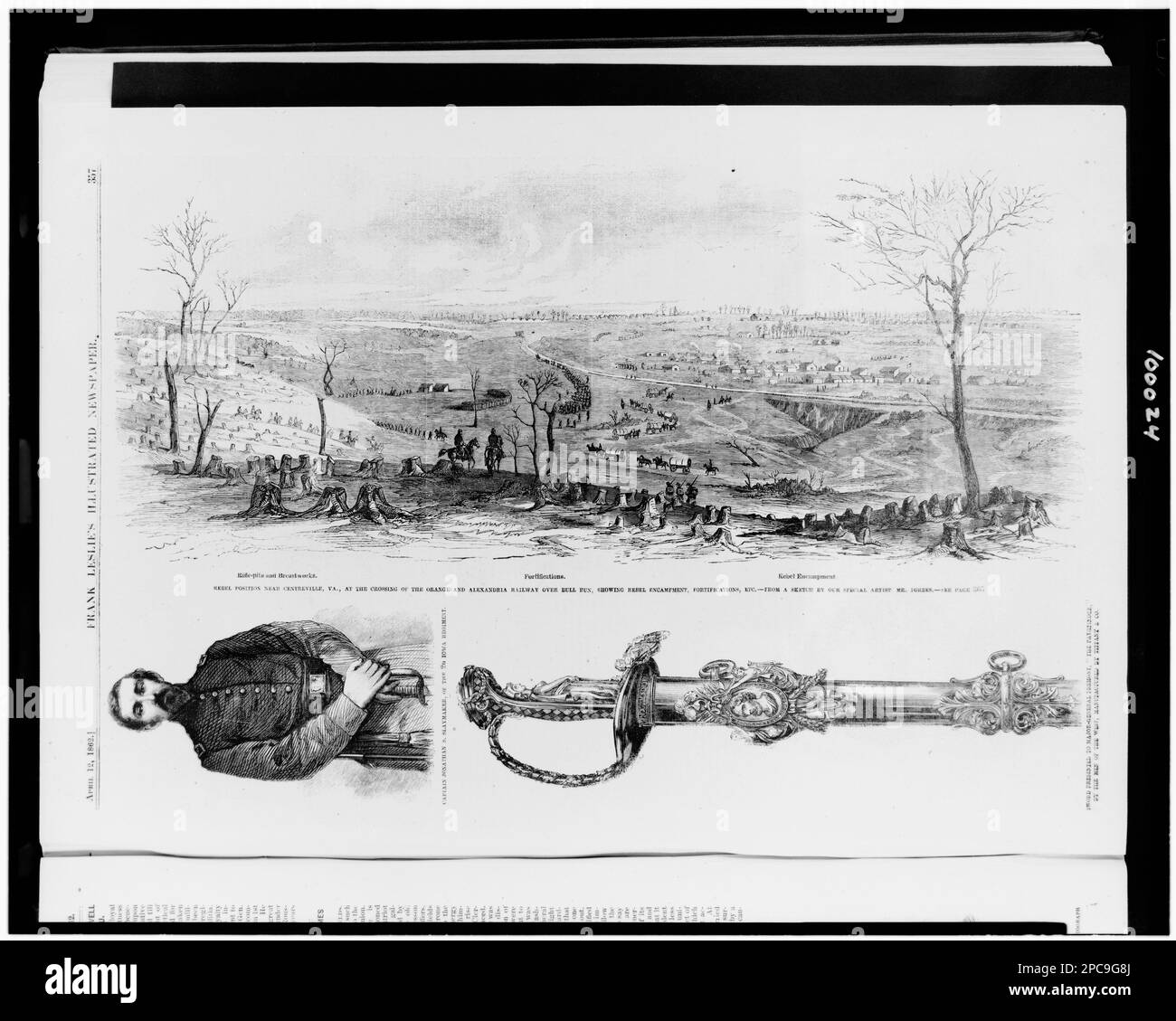 Rebel position near Centreville, Virginia, at the crossing of the Orange and Alexandria Railway over Bull Run, showing rebel encampment, fortifications, etc. / from a sketch by our special artist Mr. Forbes. Captain Jonathan S. Slaymaker, of the 2d Iowa regiment ... Sword presented to Major-General Fremont, 'the pathfinder,' by the men of the West, manufactured by Tiffany & Co.. Illus. in: Frank Leslie's illustrated newspaper, 1862 April 12, p. 357. Slaymaker, Jonathan S, Military service, Frémont, John Charles, 1813-1890, Associated objects, Military facilities, Virginia, Centreville, 1860-18 Stock Photo