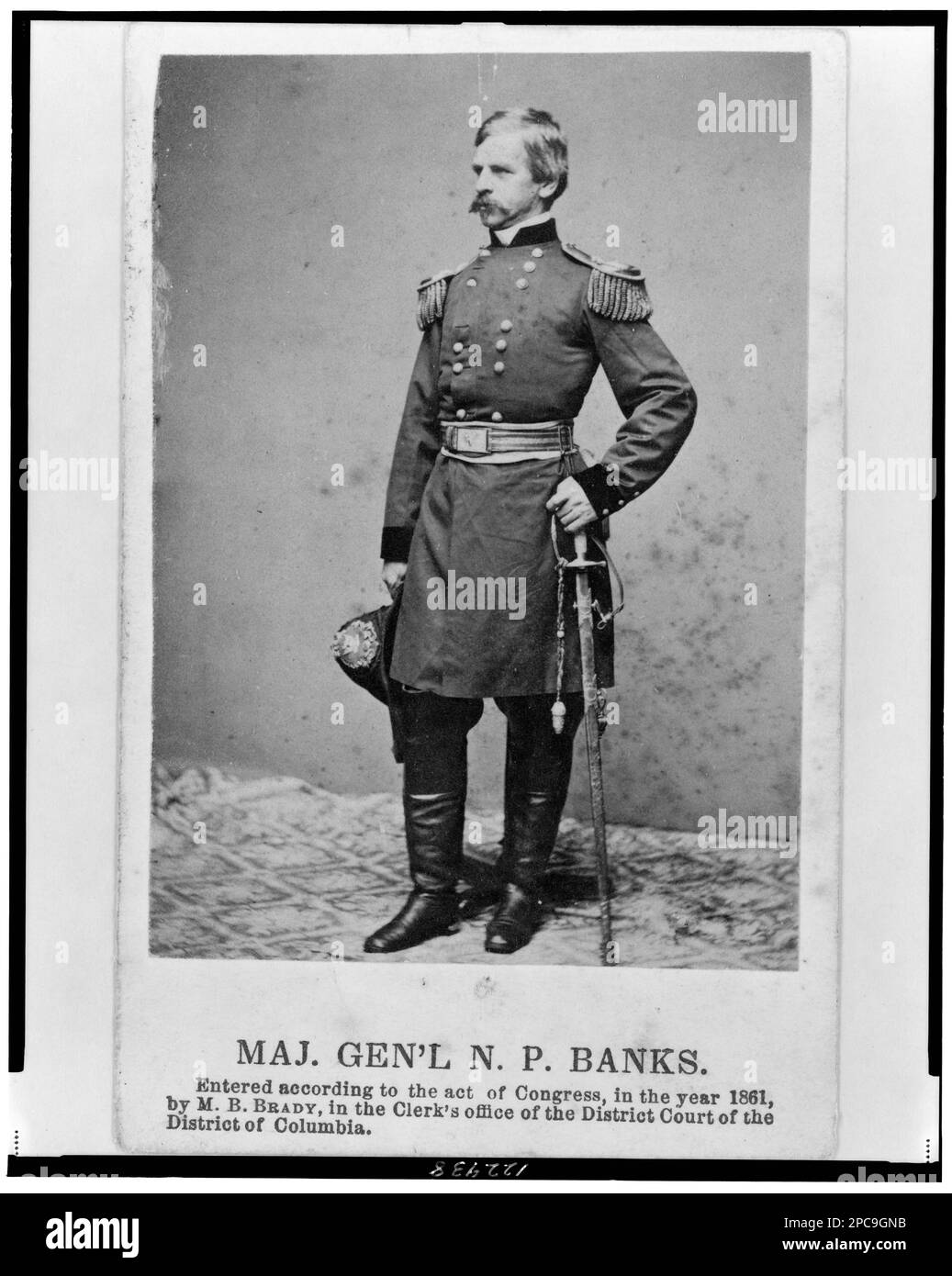 Major General N.P. Banks, full-length portrait, standing, facing left. Copyright by M.B. Brady. Banks, Nathaniel Prentiss, 1816-1894, United States, History, Civil War, 1861-1865, Military personnel, Union. Stock Photo