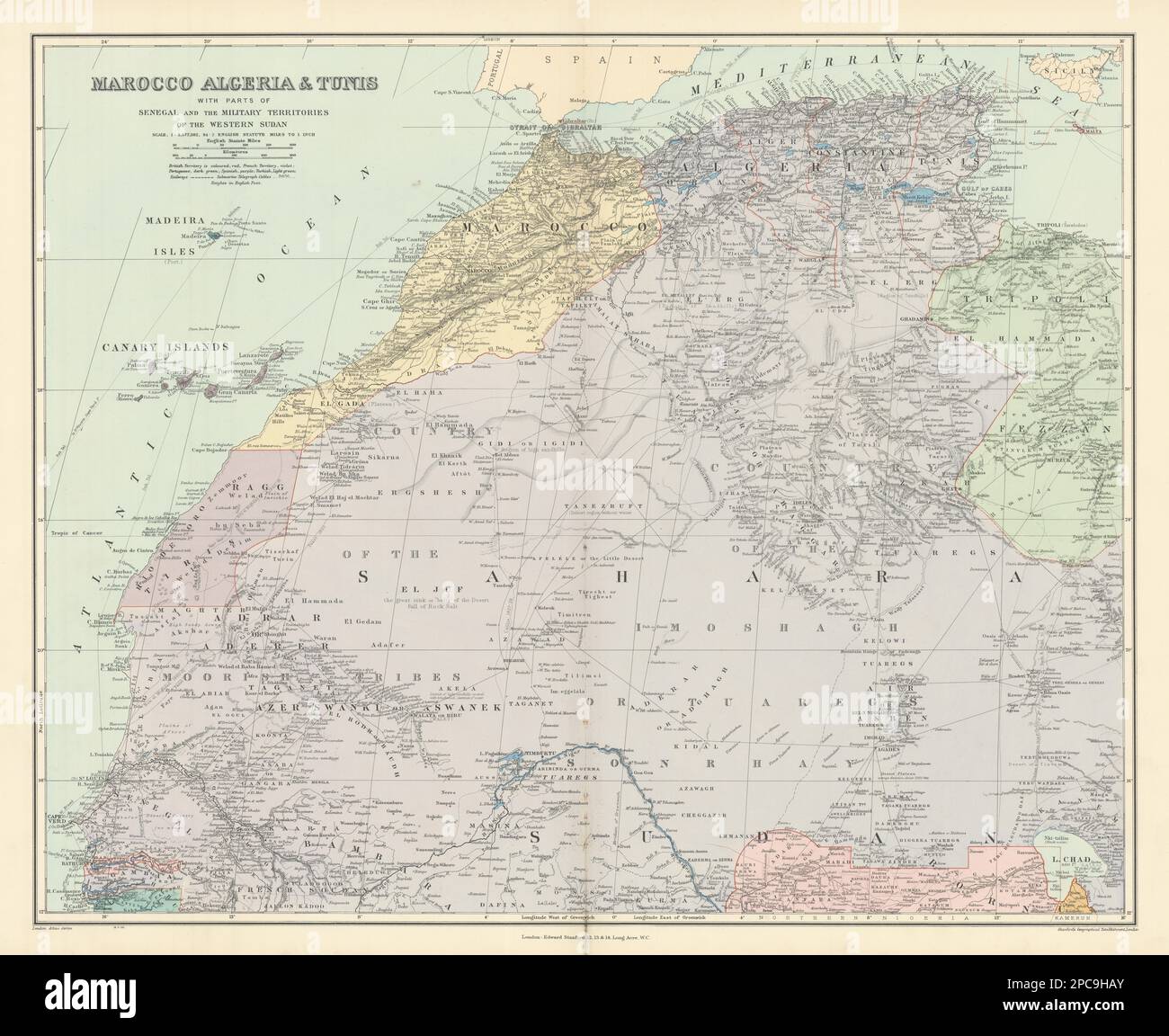 Northwest Africa. Morocco Sahara Rio do Oro Ain Sefra Gardaia. STANFORD 1904 map Stock Photo