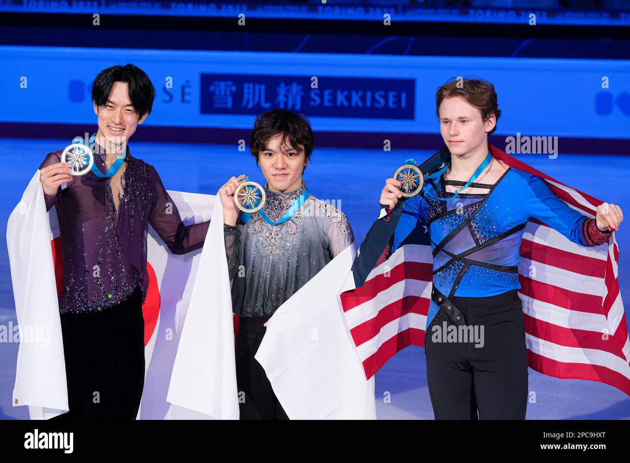 Turin, Italy. 10th Dec, 2022. (L) Sota Yamamoto of Japan (Silver), (C) Shoma Uno of Japan (Gold) and (R) Ilia Malinin of USA (Bronze) pose with their medals in the Senior Men during the ISU Grand Prix of Figure Skating Final Turin at Palavela. (Credit Image: © Davide Di Lalla/SOPA Images via ZUMA Press Wire) EDITORIAL USAGE ONLY! Not for Commercial USAGE! Stock Photo